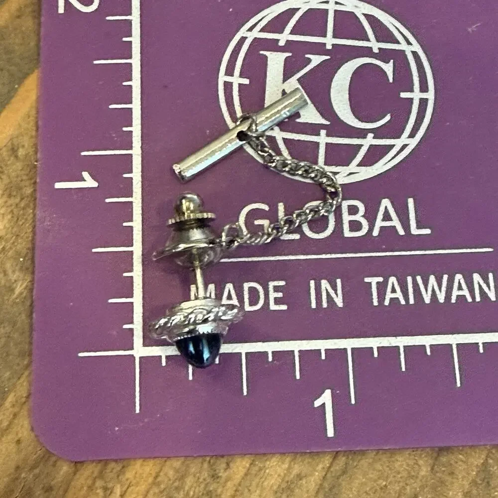 Vintage Silver Tone Faux Hematite Bullet Tie Tack with Chain and T-Bar Pin